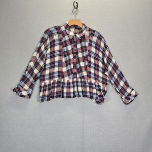 Free People Promise Everything Plaid Shirt Viscose Wool Crop Oversize Womens XS